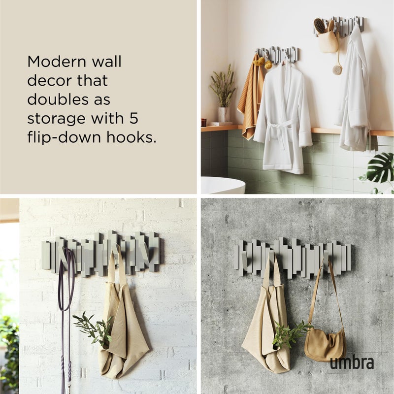 Umbra Sticks Wall-Mounted Coat Rack Rail Hook with 5 Retractable Pegs â€“ Modern, Space-Saving Storage Organizer, Grey - Image 4